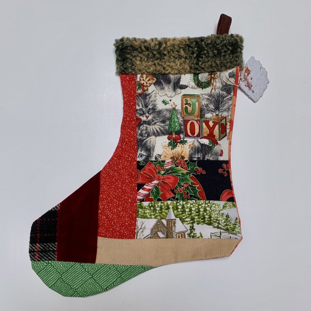 Christmas Stocking JOY Kittens Quilted Patchwork Fabric NEW 13” Handmade